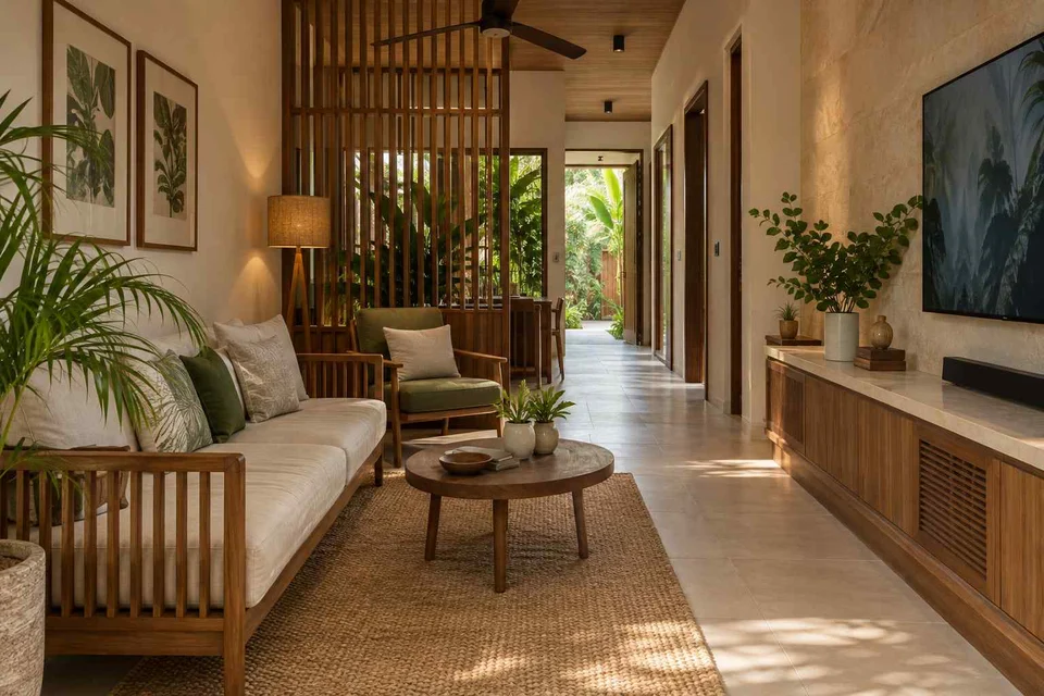 AI-generated living room design concept: pass-through lounge, tropical slatted direction