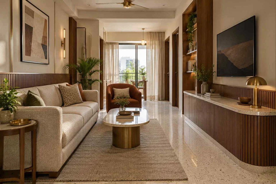 AI-generated living room design concept: pass-through lounge, urban deco direction