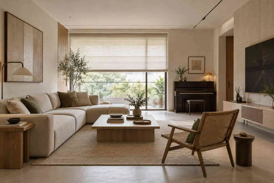 AI-generated living room design concept: quiet music lounge, ash and linen direction
