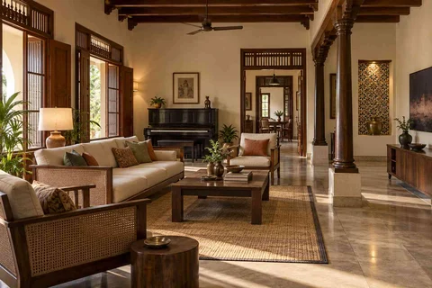 AI-generated living room design concept: quiet music lounge, chettinad tile direction