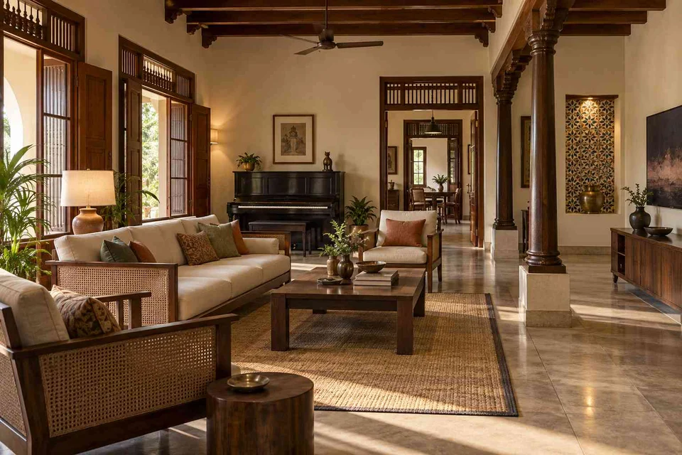 AI-generated living room design concept: quiet music lounge, chettinad tile direction