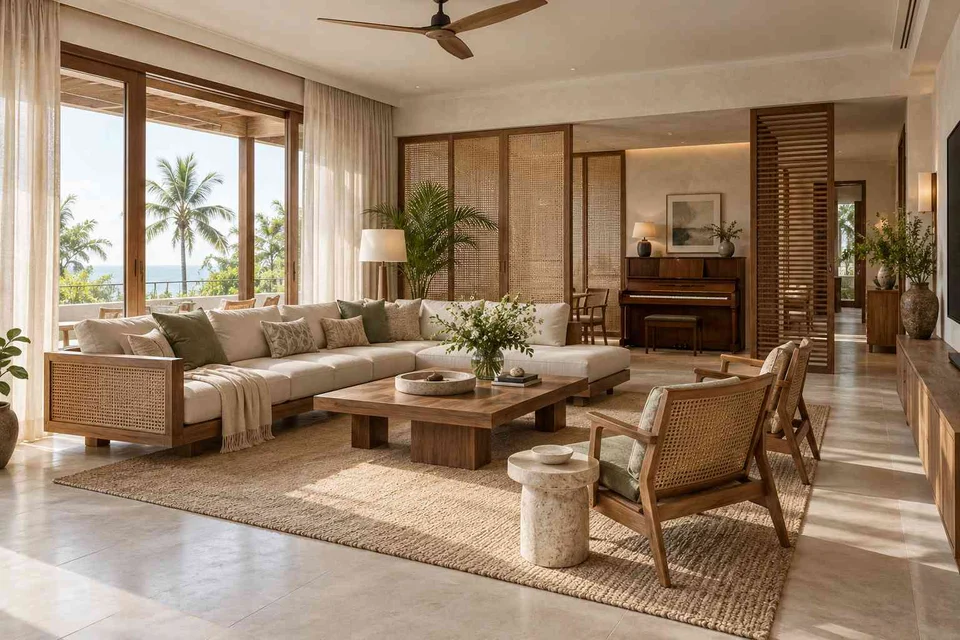 AI-generated living room design concept: quiet music lounge, coastal woven direction