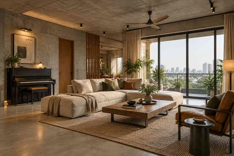 AI-generated living room design concept: quiet music lounge, concrete and oak direction