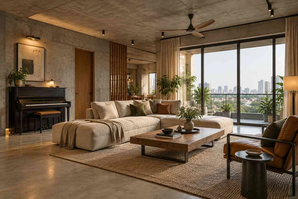 AI-generated living room design concept: quiet music lounge, concrete and oak direction