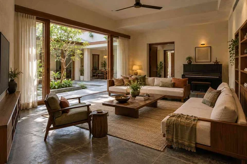 AI-generated living room design concept: quiet music lounge, courtyard modern direction