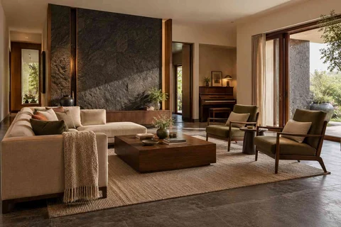 AI-generated living room design concept: quiet music lounge, deccan stone direction