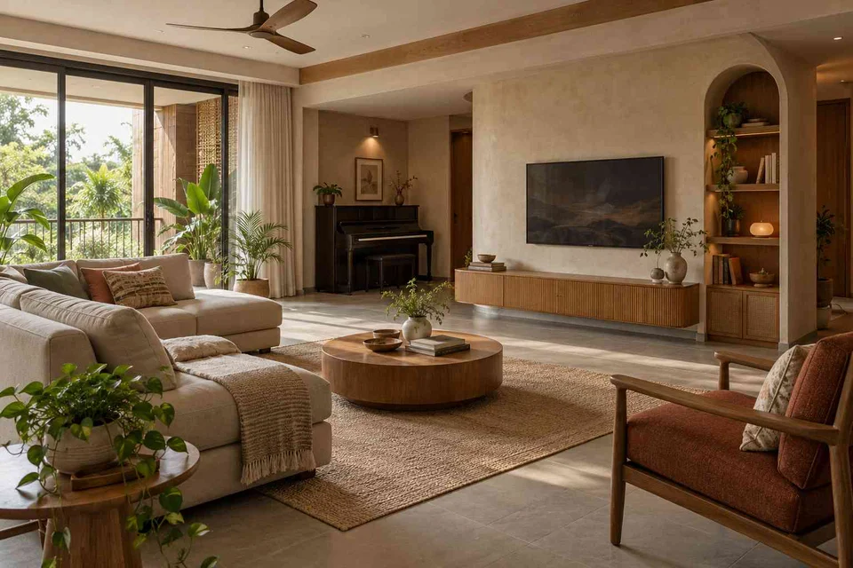 AI-generated living room design concept: quiet music lounge, earth and bamboo direction