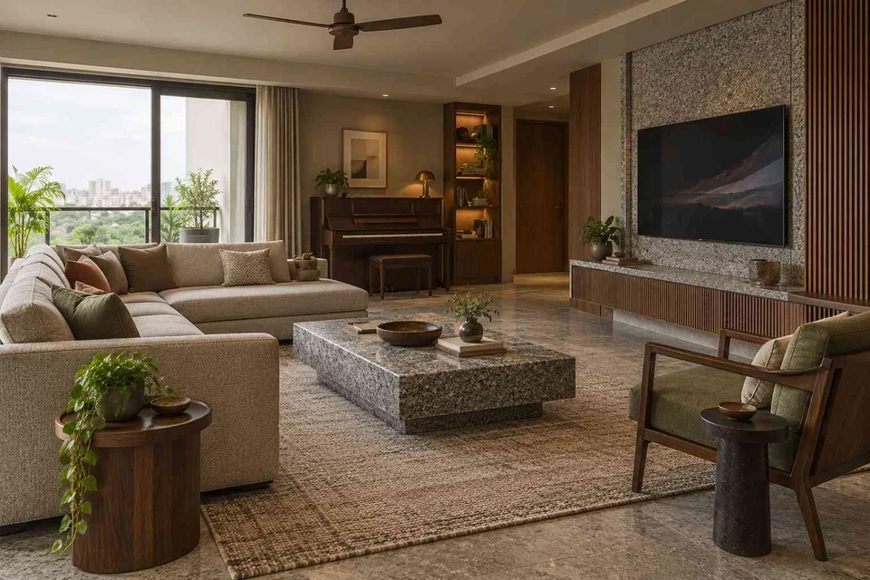 AI-generated living room design concept: quiet music lounge, granite precision direction