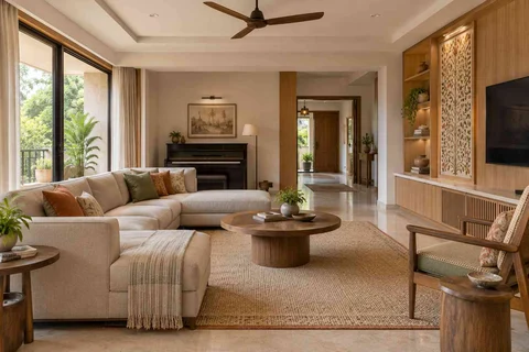 AI-generated living room design concept: quiet music lounge, inlay atelier direction