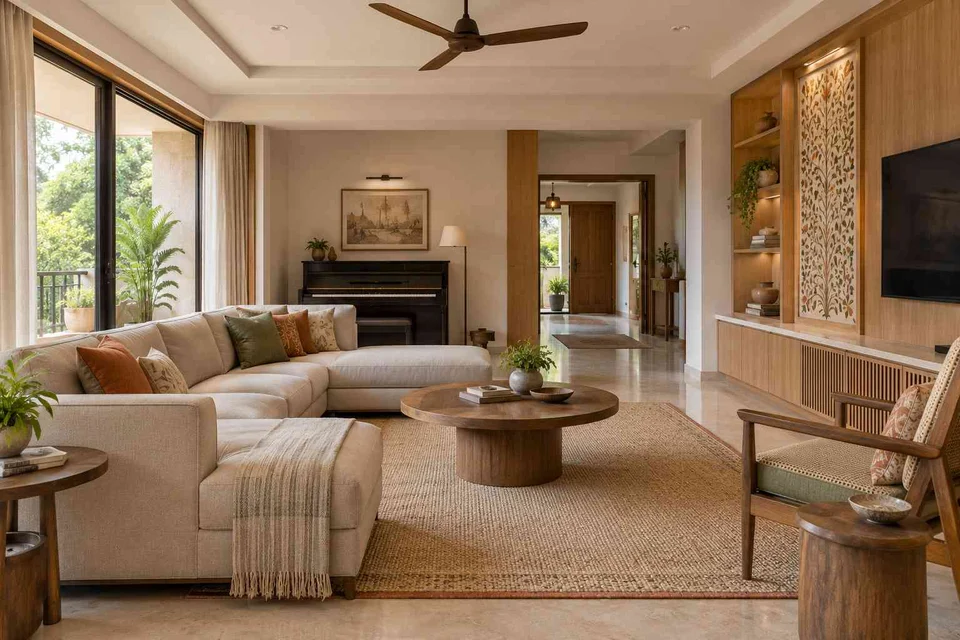 AI-generated living room design concept: quiet music lounge, inlay atelier direction