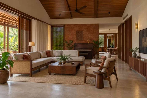 AI-generated living room design concept: quiet music lounge, malabar timber direction