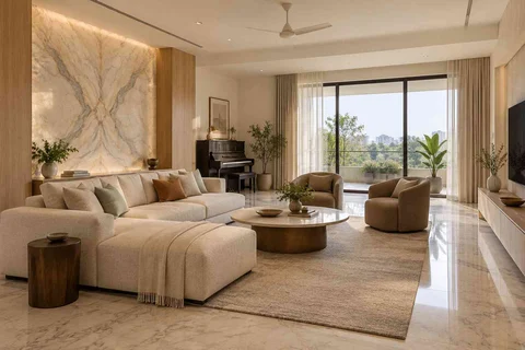 AI-generated living room design concept: quiet music lounge, marble restraint direction