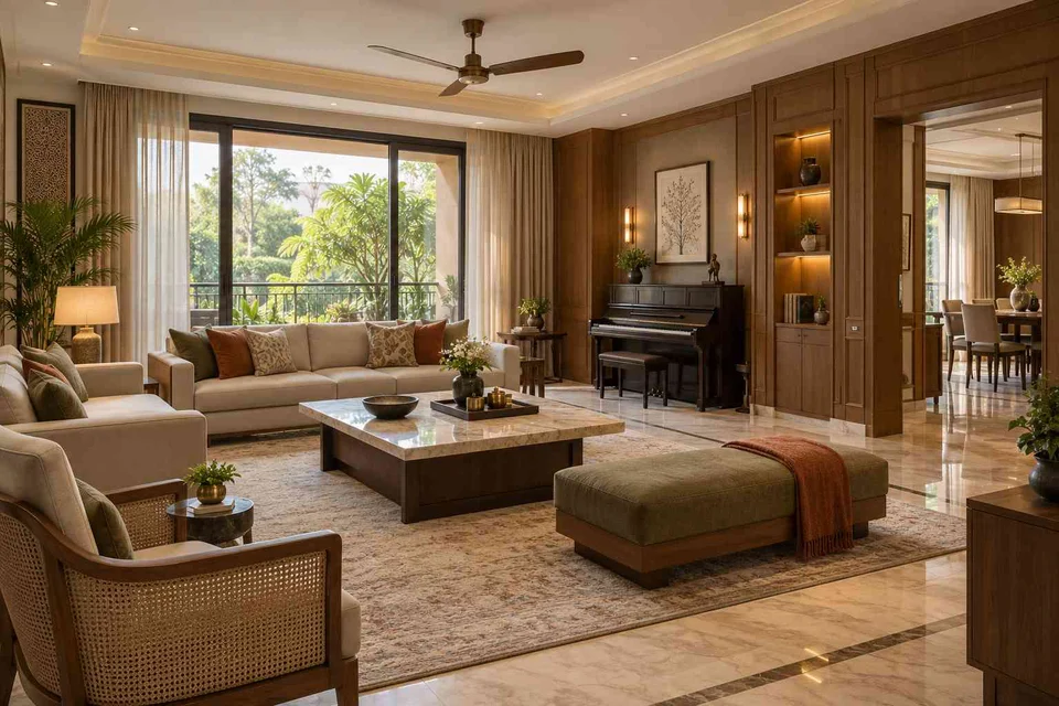 AI-generated living room design concept: quiet music lounge, quiet transitional direction