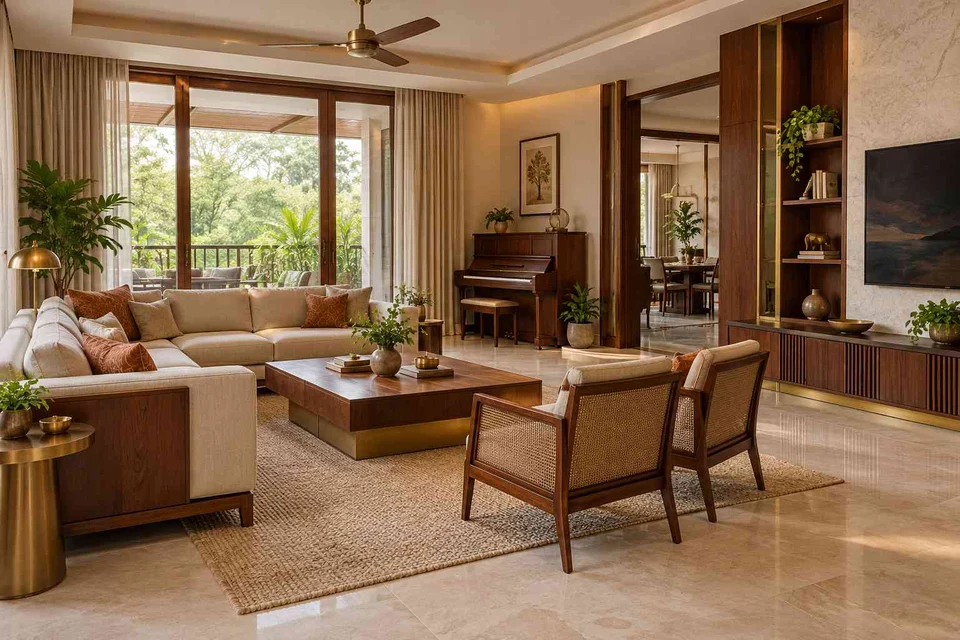 AI-generated living room design concept: quiet music lounge, rosewood brass direction