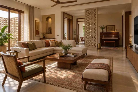 AI-generated living room design concept: quiet music lounge, sandstone lattice direction