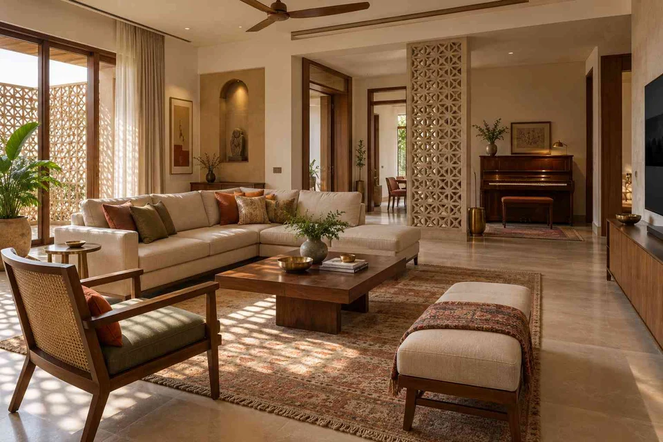 AI-generated living room design concept: quiet music lounge, sandstone lattice direction