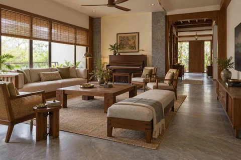 AI-generated living room design concept: quiet music lounge, teak craft direction