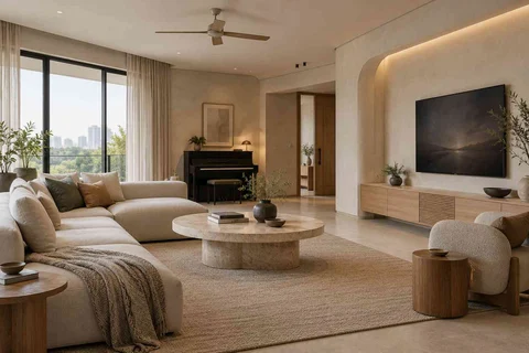 AI-generated living room design concept: quiet music lounge, textured mineral direction