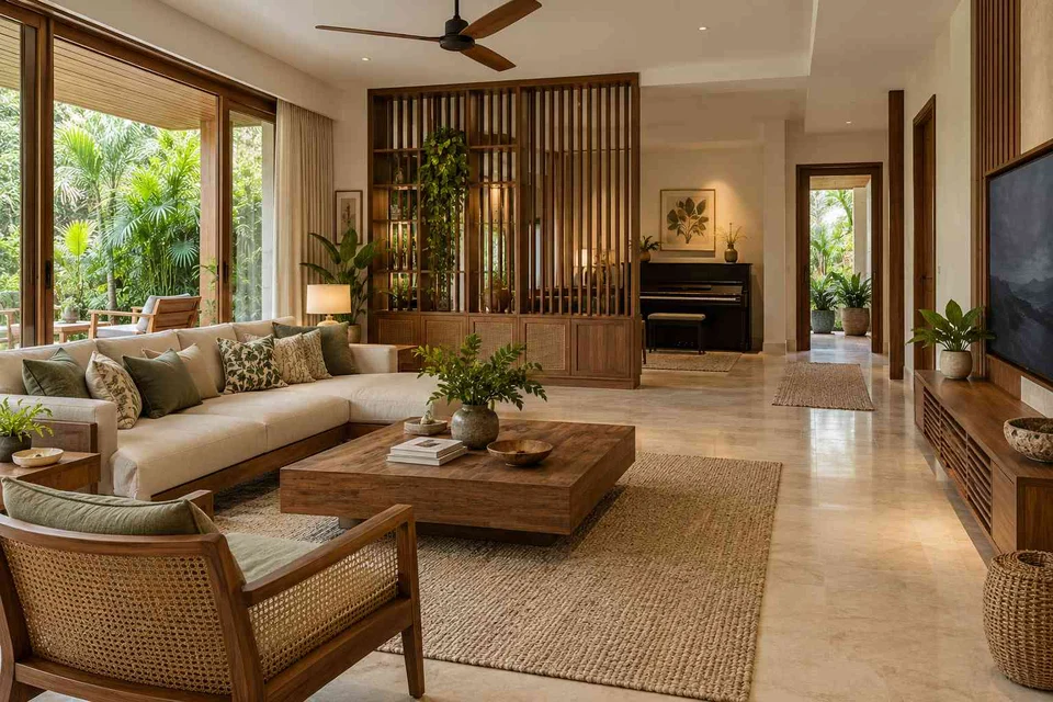 AI-generated living room design concept: quiet music lounge, tropical slatted direction