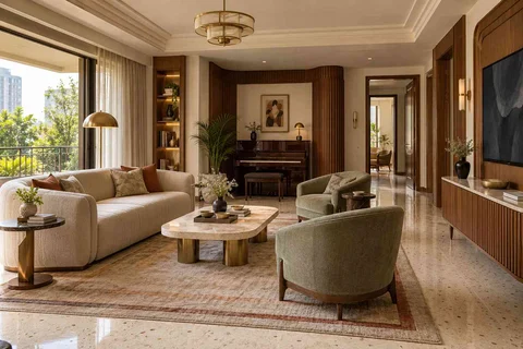AI-generated living room design concept: quiet music lounge, urban deco direction