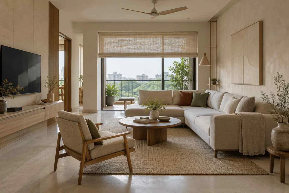 AI-generated living room design concept: split furniture group, ash and linen direction