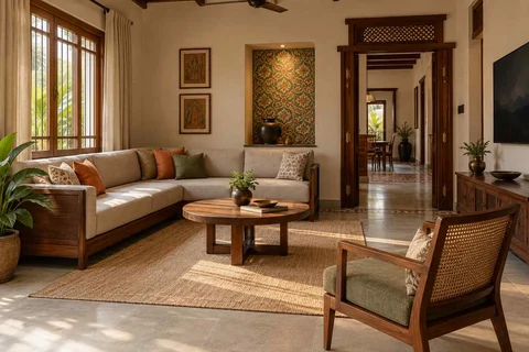 AI-generated living room design concept: split furniture group, chettinad tile direction
