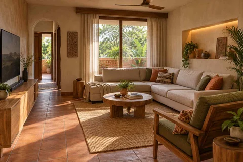 AI-generated living room design concept: split furniture group, clay artisan direction