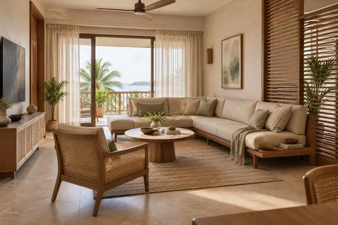 AI-generated living room design concept: split furniture group, coastal woven direction