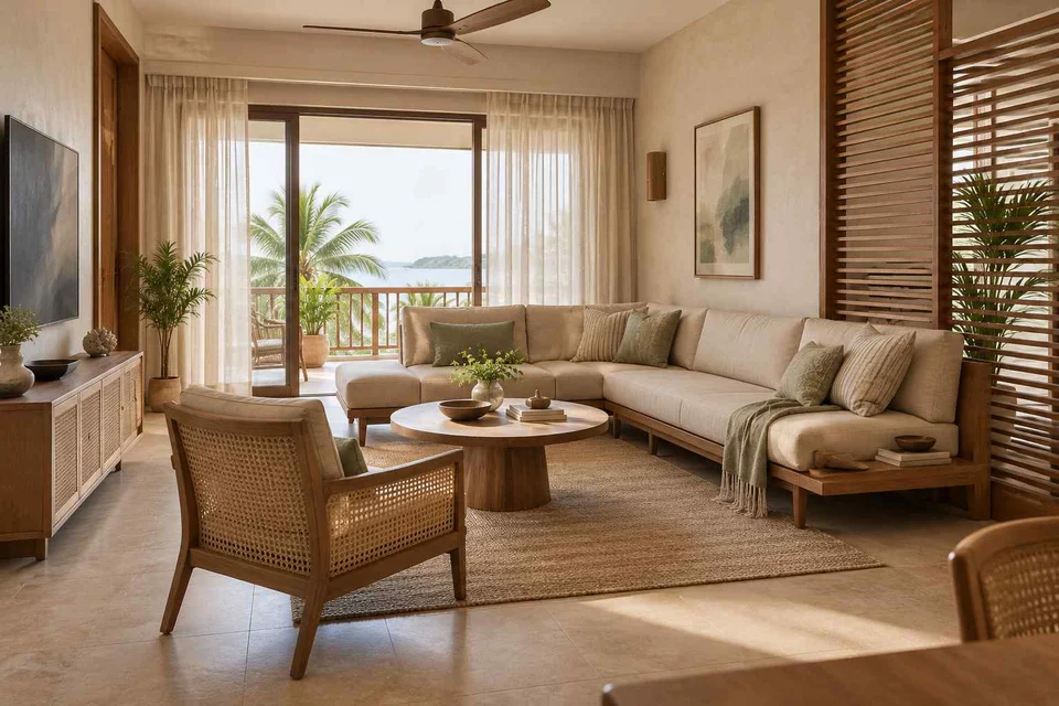 AI-generated living room design concept: split furniture group, coastal woven direction