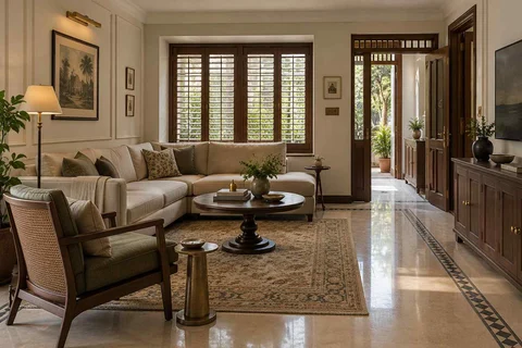 AI-generated living room design concept: split furniture group, colonial quiet direction
