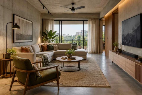 AI-generated living room design concept: split furniture group, concrete and oak direction
