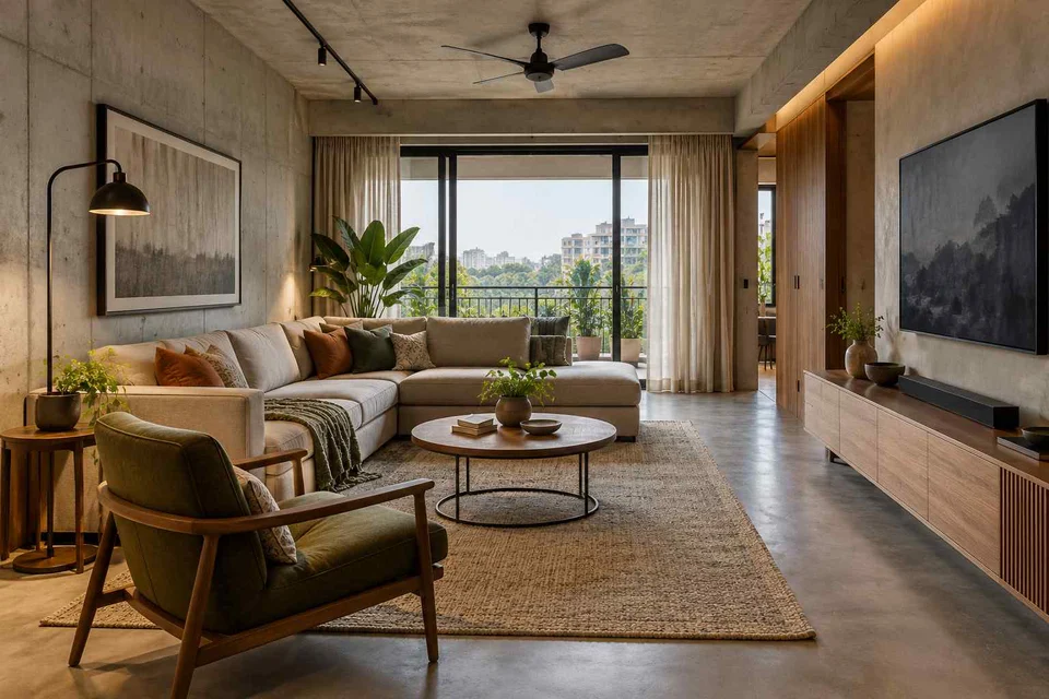 AI-generated living room design concept: split furniture group, concrete and oak direction