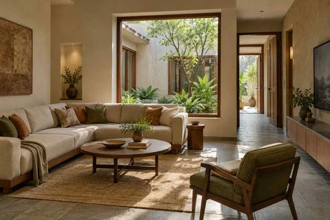 AI-generated living room design concept: split furniture group, courtyard modern direction