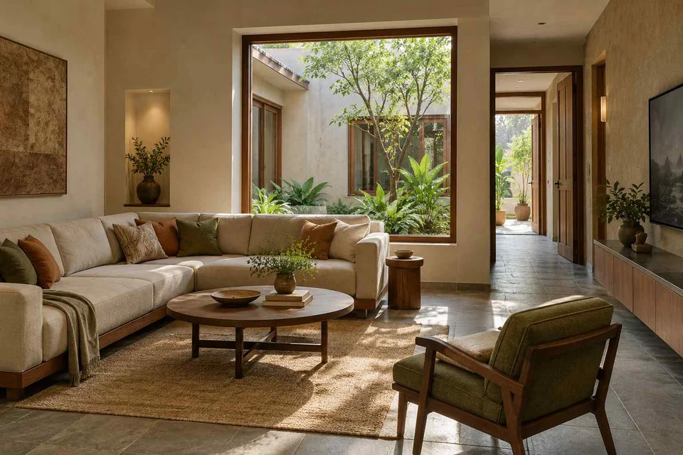 AI-generated living room design concept: split furniture group, courtyard modern direction