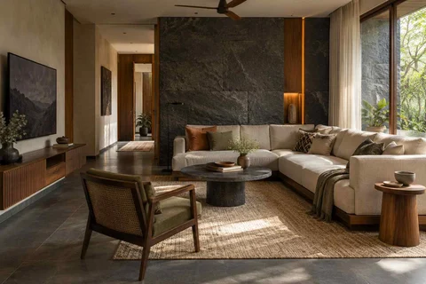 AI-generated living room design concept: split furniture group, deccan stone direction