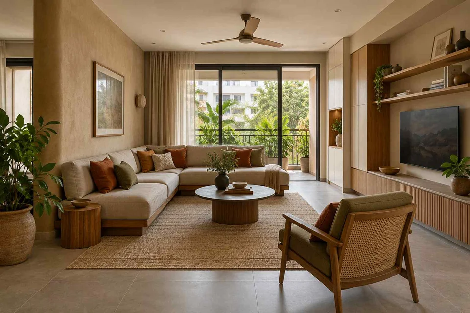 AI-generated living room design concept: split furniture group, earth and bamboo direction