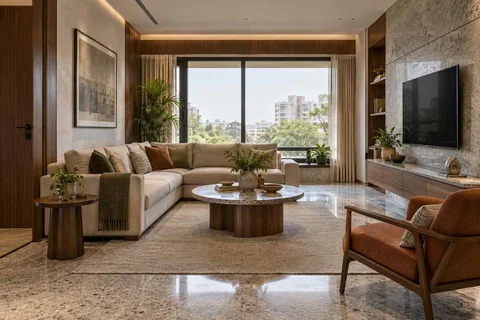 AI-generated living room design concept: split furniture group, granite precision direction
