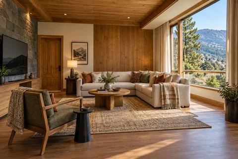AI-generated living room design concept: split furniture group, hill timber direction