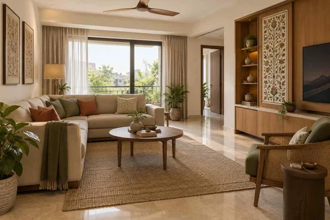 AI-generated living room design concept: split furniture group, inlay atelier direction
