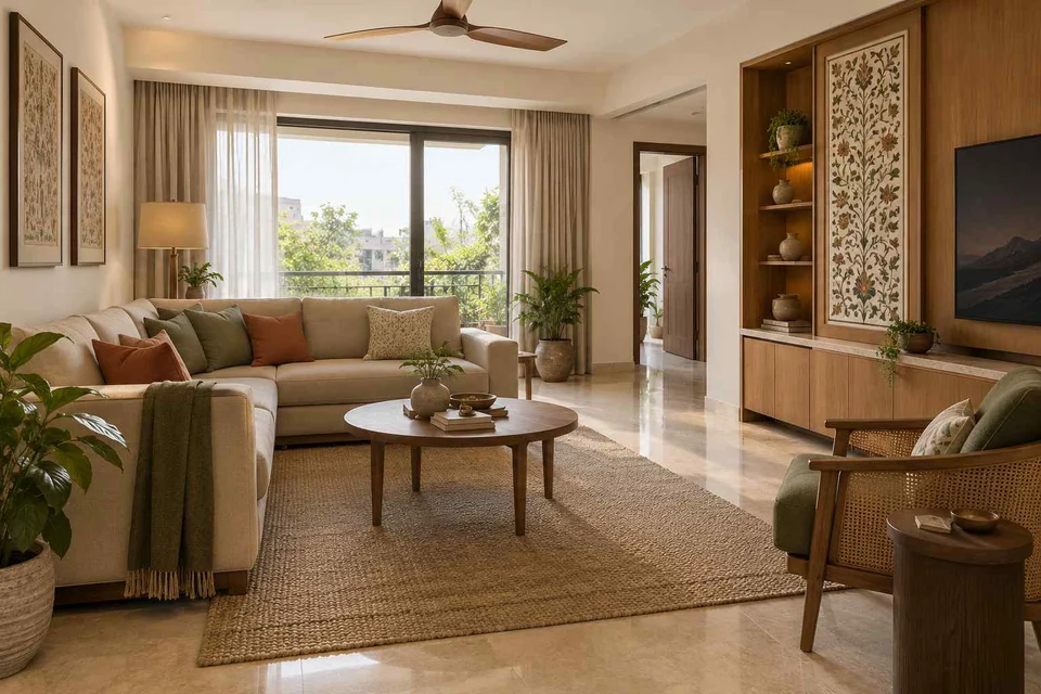 AI-generated living room design concept: split furniture group, inlay atelier direction