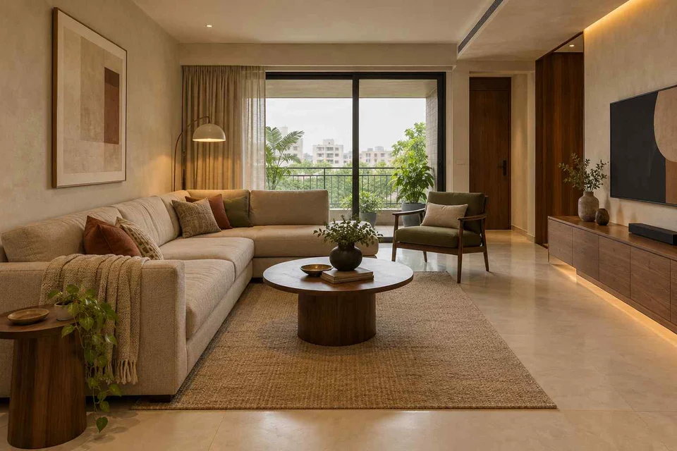 AI-generated living room design concept: split furniture group, lime and walnut direction