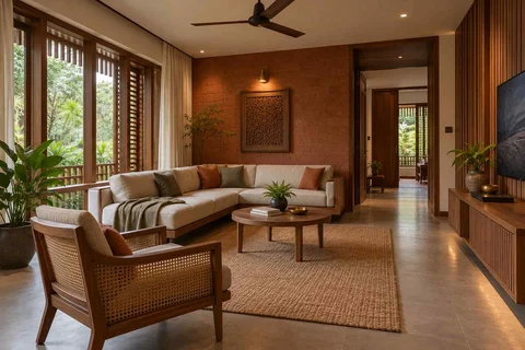 AI-generated living room design concept: split furniture group, malabar timber direction