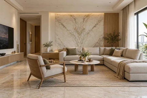 AI-generated living room design concept: split furniture group, marble restraint direction