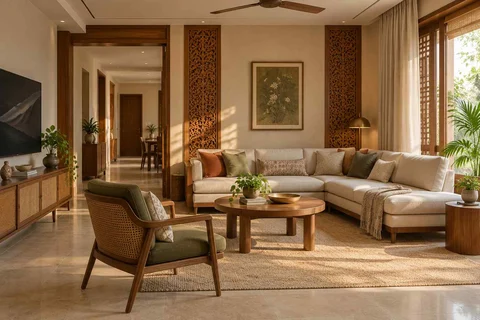 AI-generated living room design concept: split furniture group, modern carved direction
