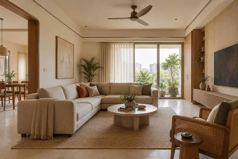 AI-generated living room design concept: split furniture group, quiet contemporary direction