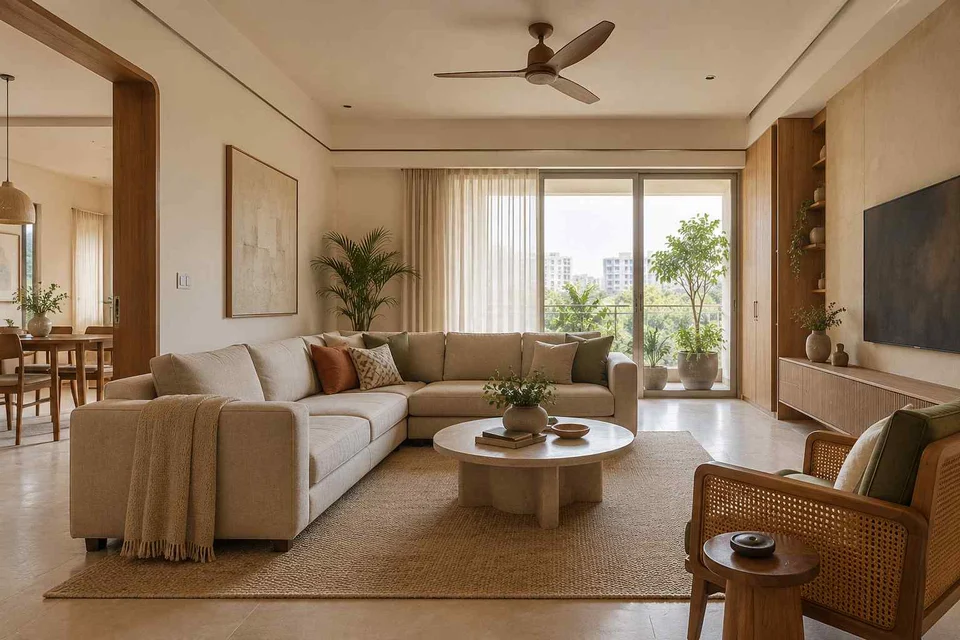 AI-generated living room design concept: split furniture group, quiet contemporary direction
