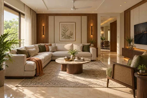 AI-generated living room design concept: split furniture group, quiet transitional direction