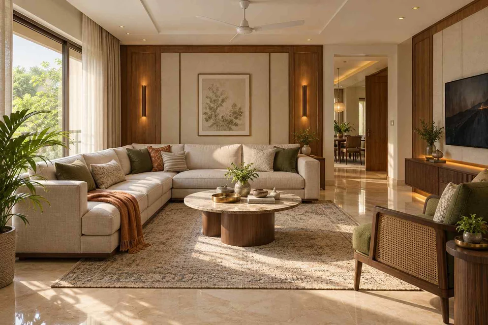 AI-generated living room design concept: split furniture group, quiet transitional direction