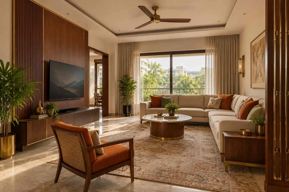 AI-generated living room design concept: split furniture group, rosewood brass direction