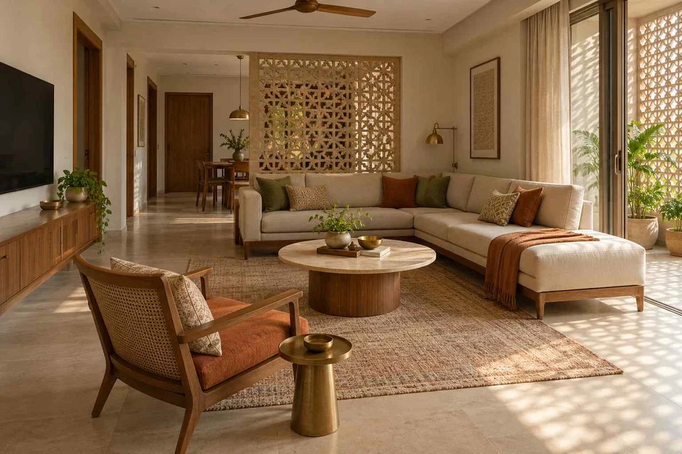 AI-generated living room design concept: split furniture group, sandstone lattice direction